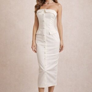 White Strapless Button Front Midi Dress Graduation Bridal Shower Size Small
